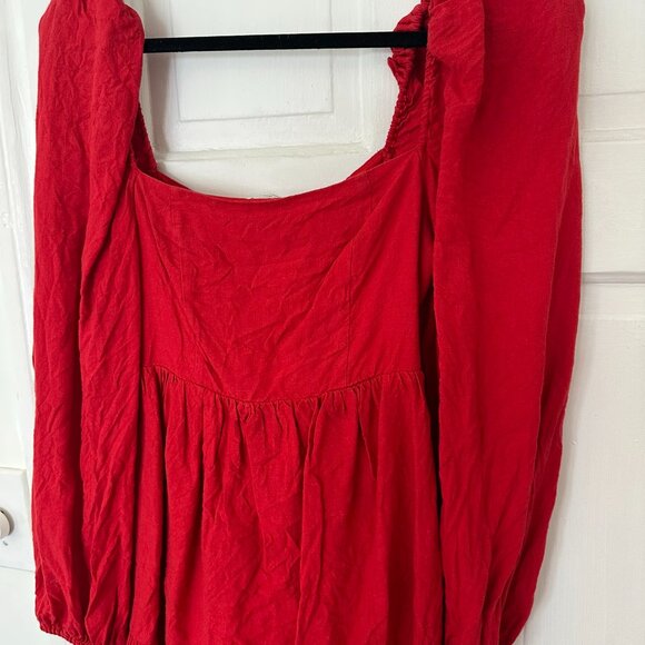 & Other Stories Puff Sleeve Linen Mini Dress in red - Picture 3 of 5